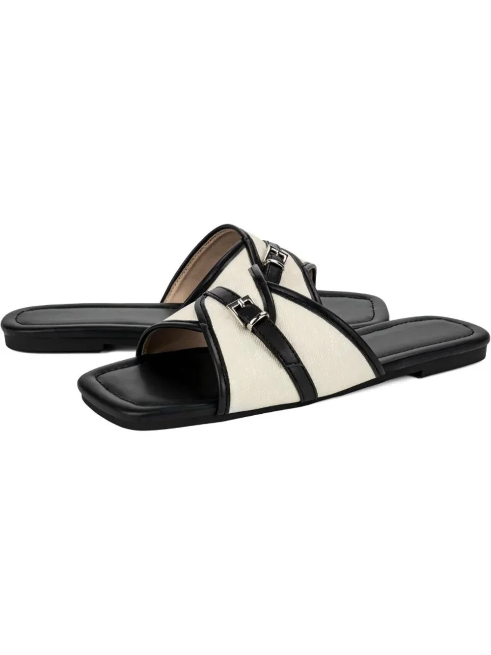 Women's Black Wide Width Sandals Flat Casual Woven Open Square Toe Comfortable